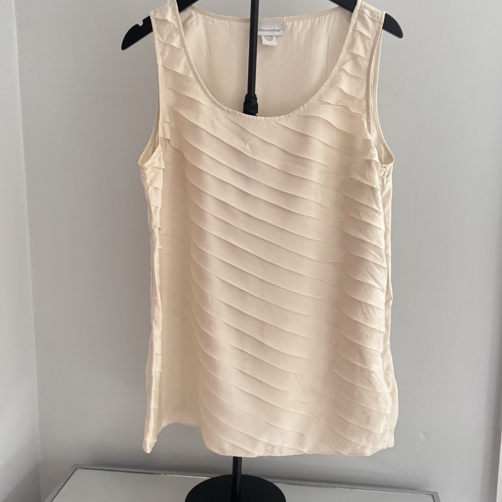 Soft Surroundings 100% Silk Tank Top‎ Sz L Cream Beige Pleated Sleeveless Blouse